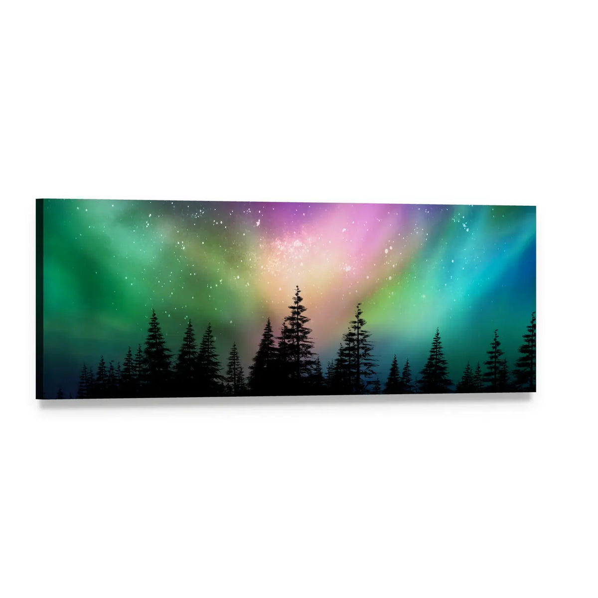 Multicolored Northern Lights Over Pine Forest Panoramic Canvas Wall Art, single panel gallery wrapped canvas, angled product view