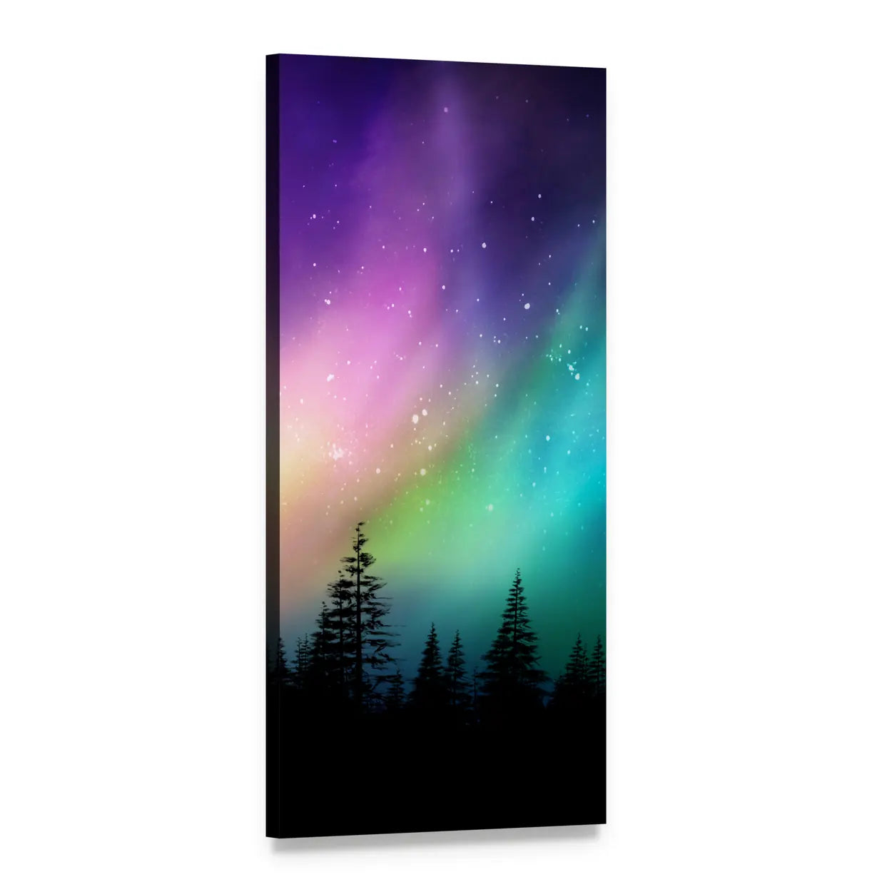 Multicolored Northern Lights Over Pine Forest Vertical Canvas Wall Art, 1 panel 1 Vertical layout gallery wrapped canvas set, angled product view