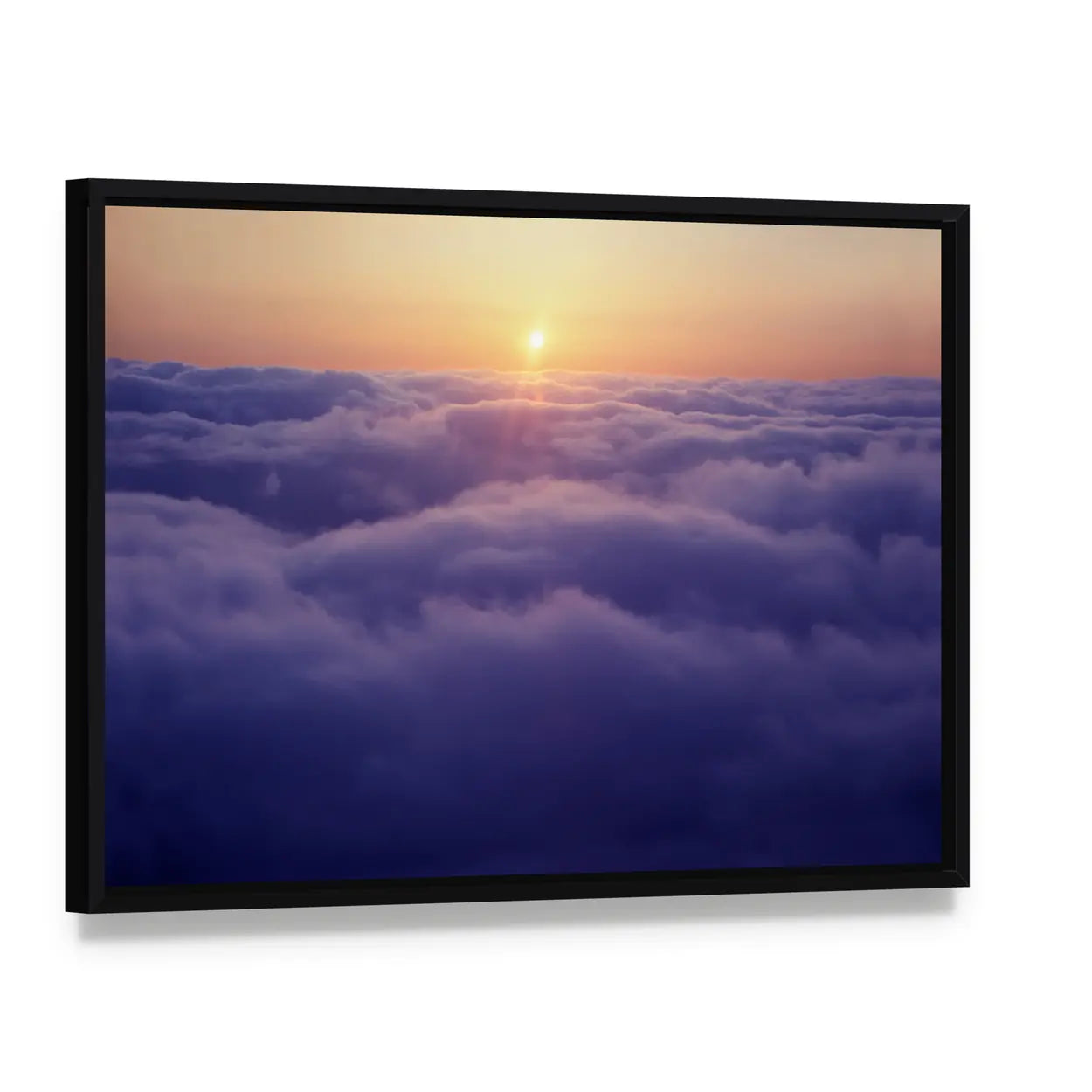Sunset Above the Clouds Canvas Wall Art, framed canvas in a black floater frame, angled product view