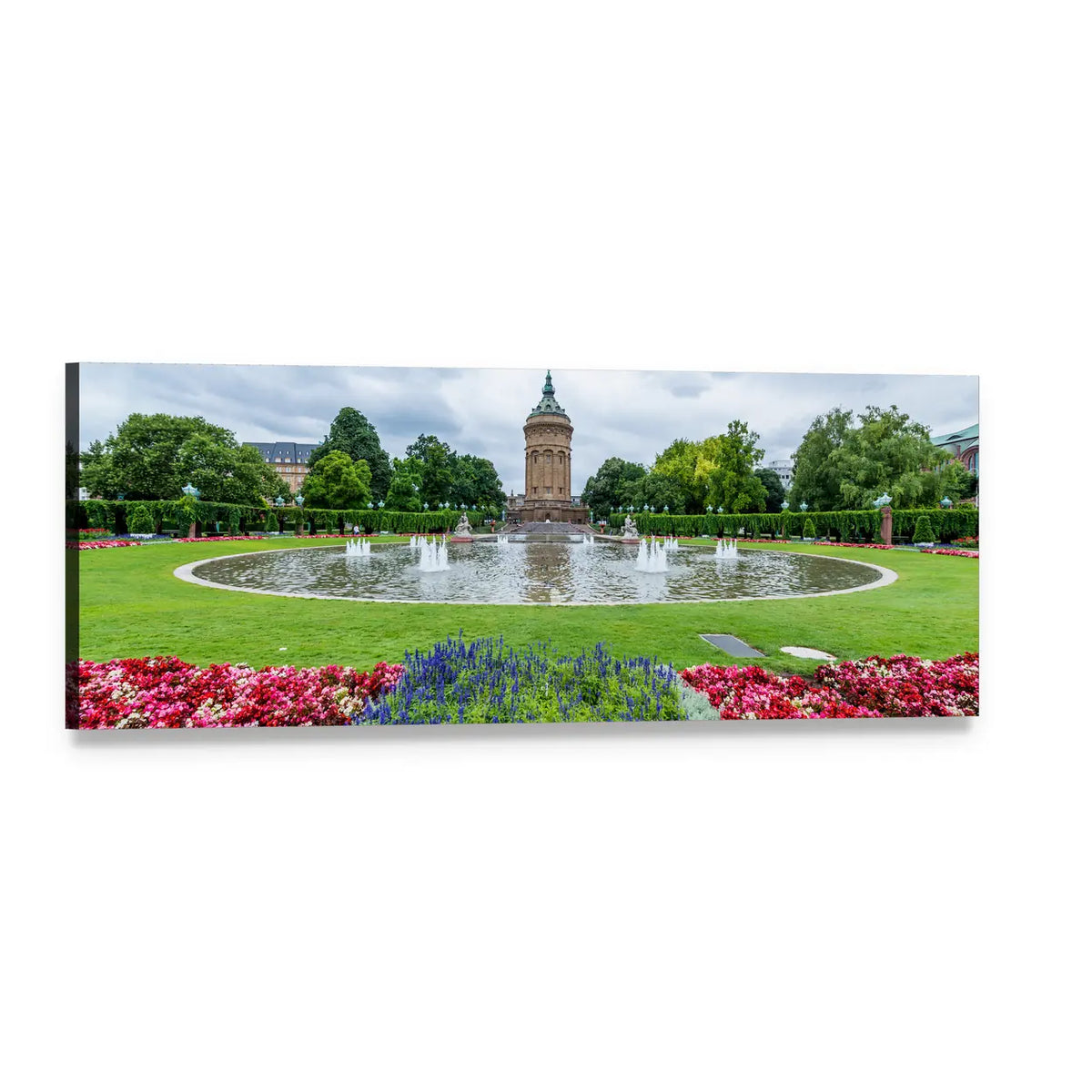 Mannheim Water Tower with Fountain Panoramic Canvas Wall Art, single panel gallery wrapped canvas, angled product view