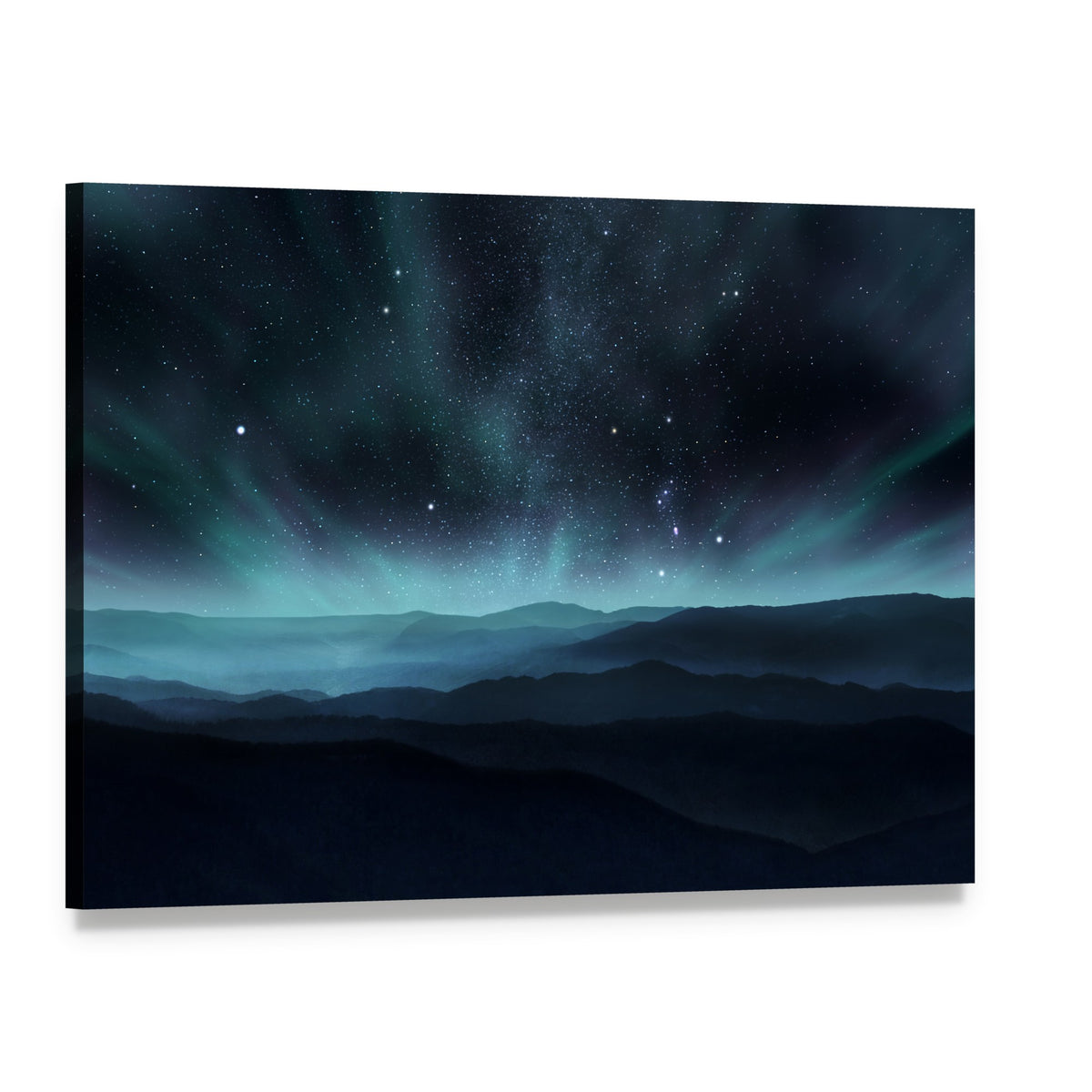 Aurora Over Layered Mountain Ranges Canvas Wall Art, single panel gallery wrapped canvas, angled product view