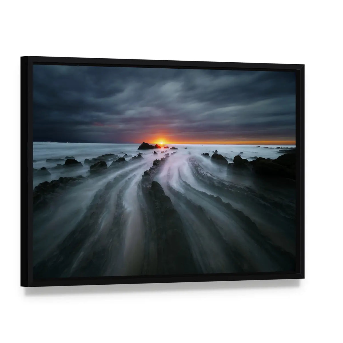 Flysch Rocks In Barrika Beach At The Sunset Canvas Wall Art, framed canvas in a black floater frame, angled product view
