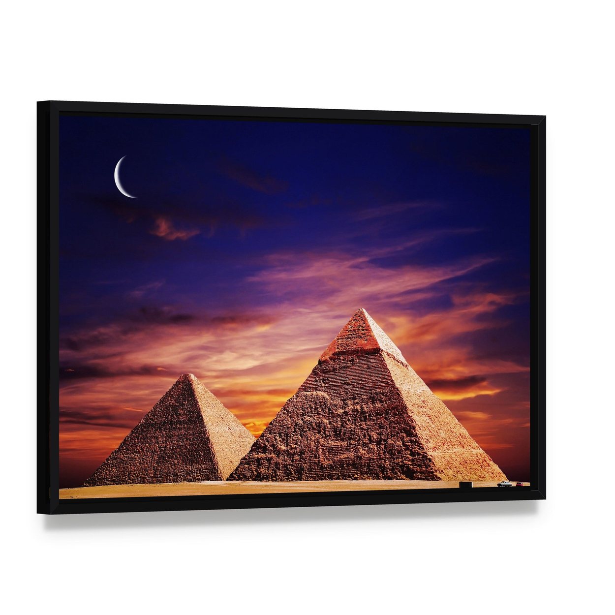 Pyramids at Sunset Canvas Wall Art, framed canvas in a black floater frame, angled product view