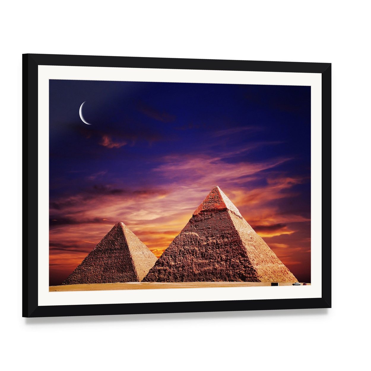 Pyramids at Sunset Canvas Wall Art, framed print with white mat and black frame, angled product view