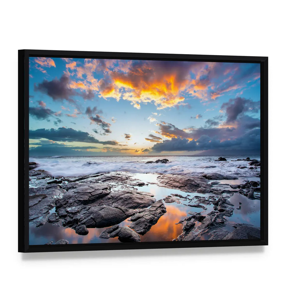 Rocky Shore On The Island Of Maui In Hawaii Canvas Wall Art, framed canvas in a black floater frame, angled product view