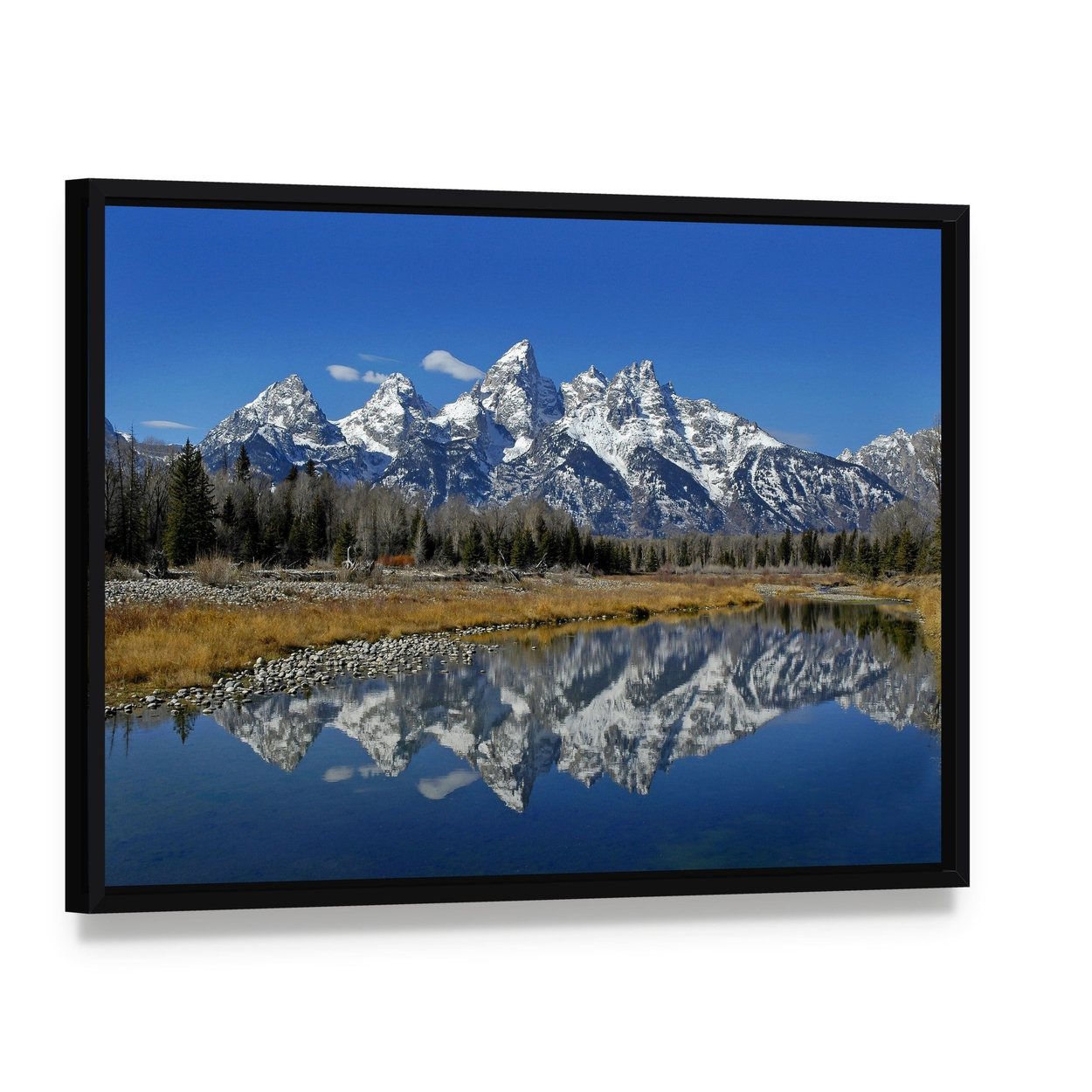 Teton Mountain Range Canvas Wall Art, framed canvas in a black floater frame, angled product view