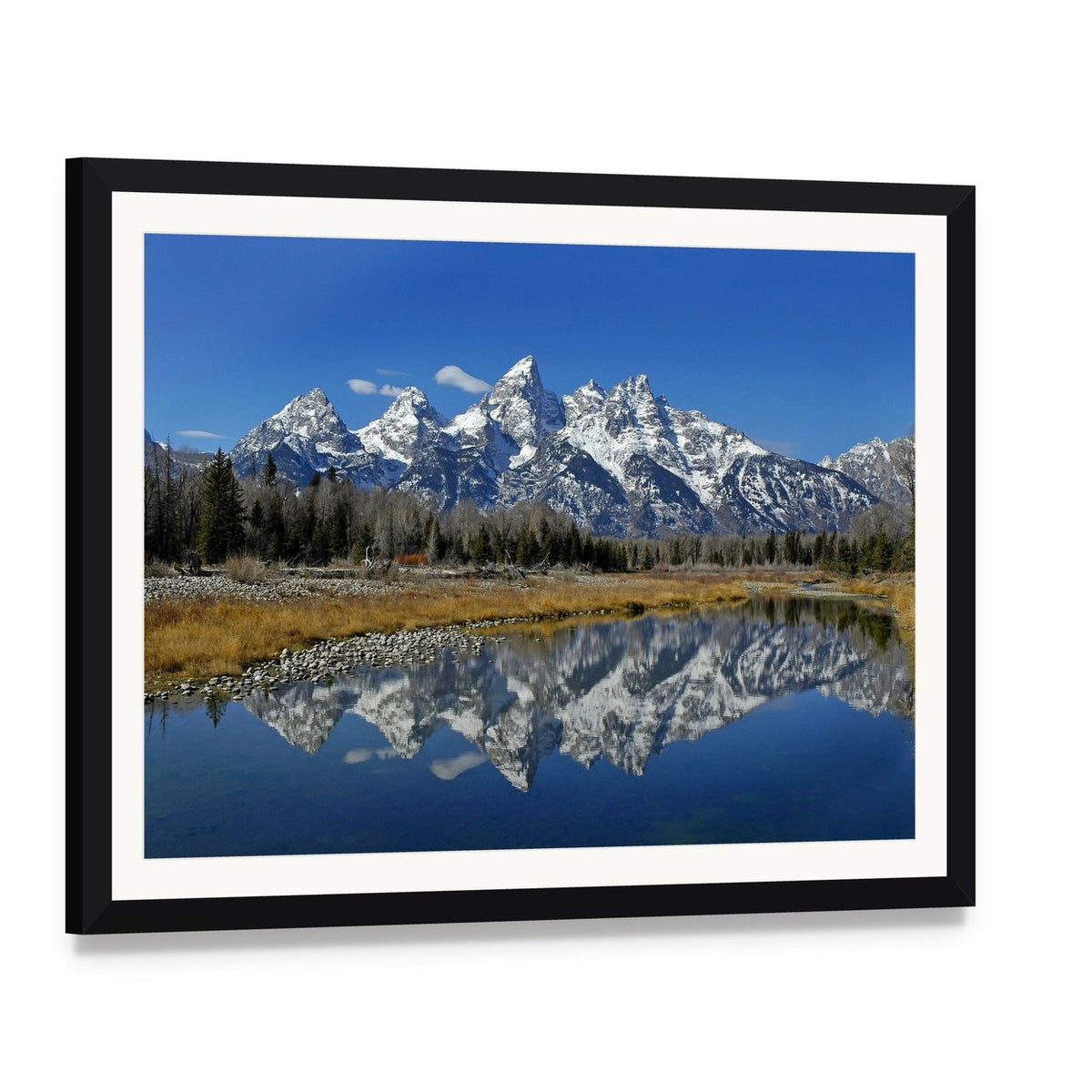 Teton Mountain Range Canvas Wall Art, framed print with white mat and black frame, angled product view