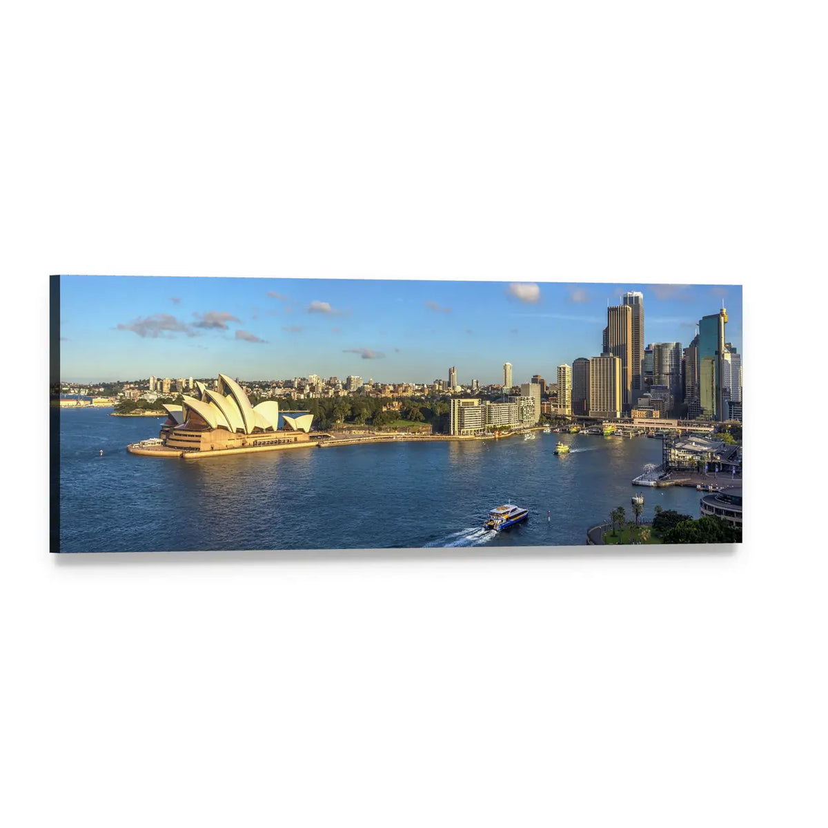 Sydney Opera House and Harbour Skyline Panoramic Canvas Wall Art, single panel gallery wrapped canvas, angled product view