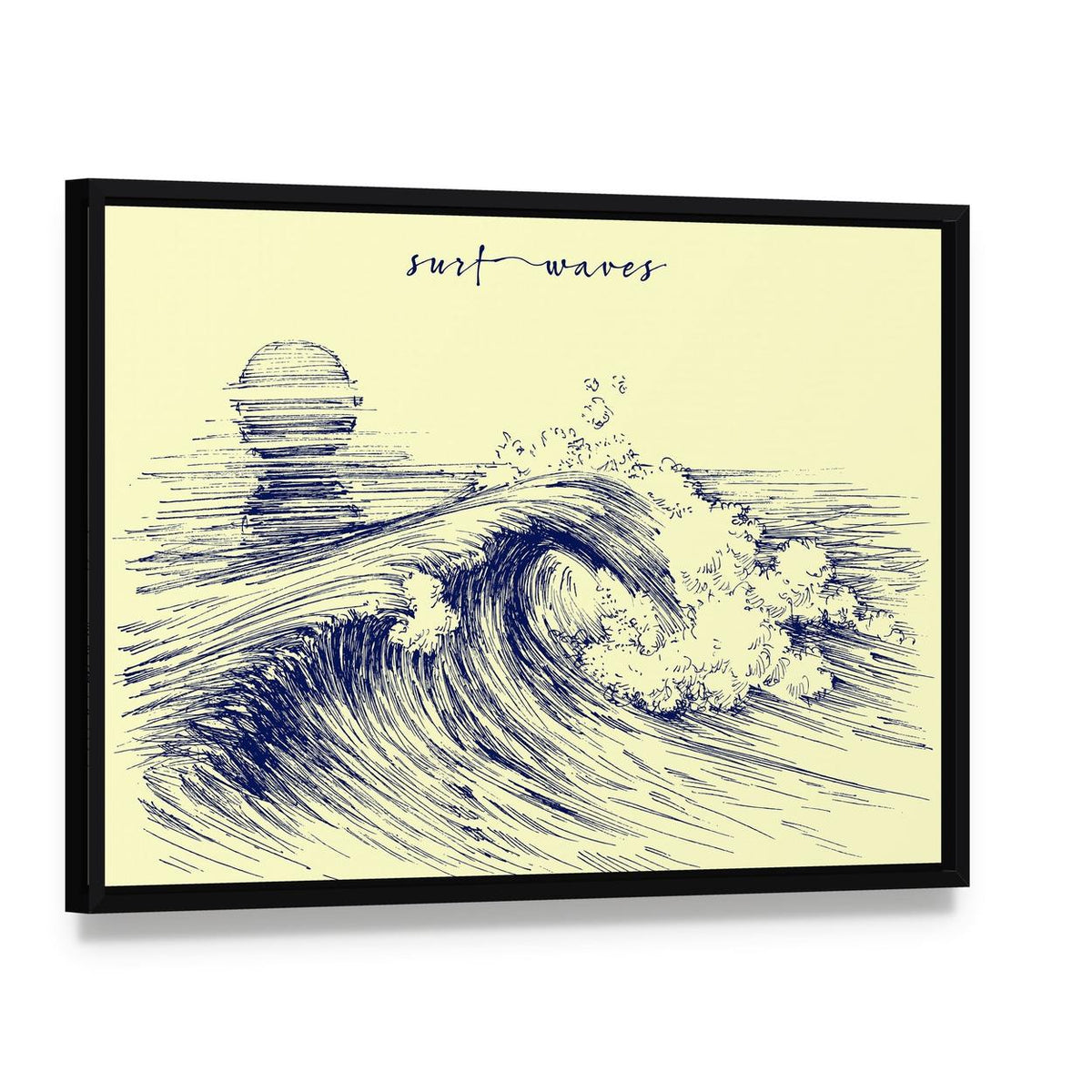 Hand-drawn Surf Waves Illustration Canvas Wall Art, framed canvas in a black floater frame, angled product view