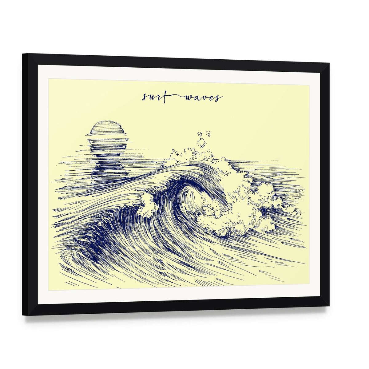 Hand-drawn Surf Waves Illustration Canvas Wall Art, framed print with white mat and black frame, angled product view