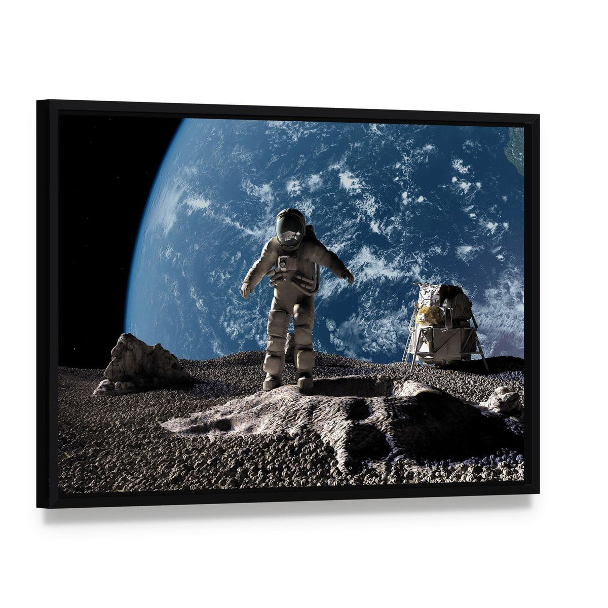 Astronaut on Asteroid Canvas Wall Art, framed canvas in a black floater frame, angled product view