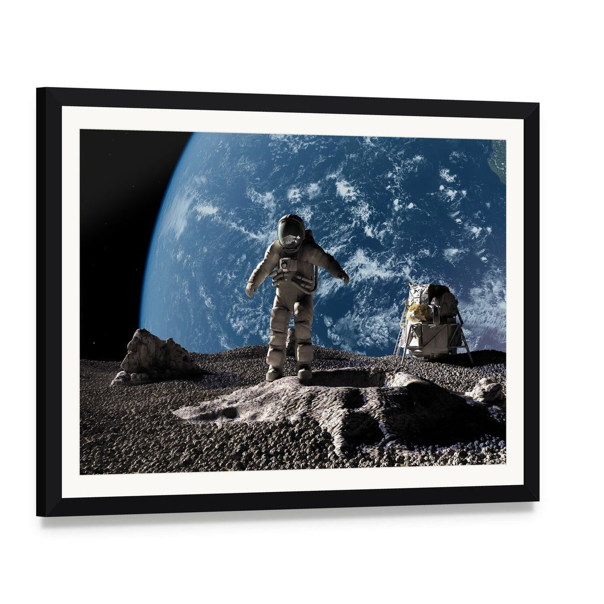 Astronaut on Asteroid Canvas Wall Art, framed print with white mat and black frame, angled product view