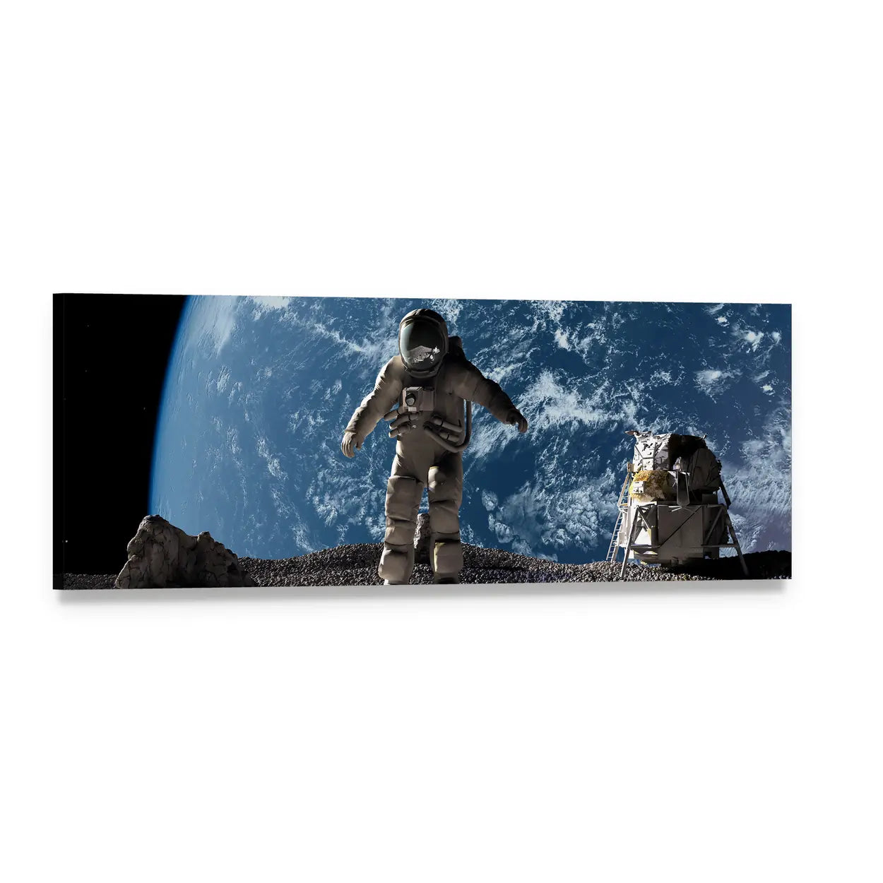 Astronaut on Lunar Surface with Earth View Panoramic Canvas Wall Art, single panel gallery wrapped canvas, angled product view