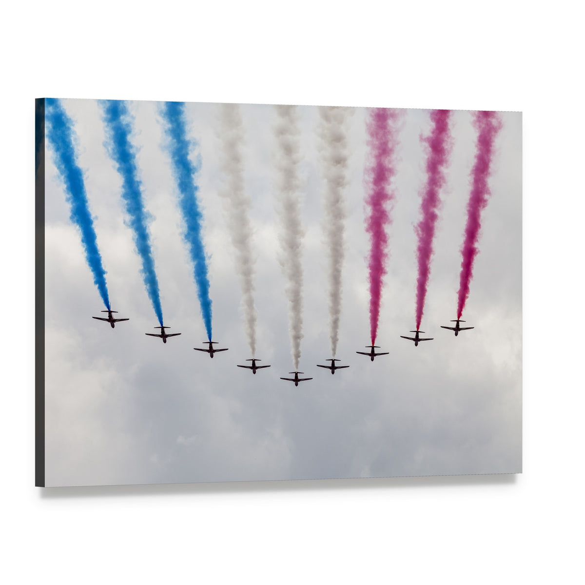 Colorful Air Show Airplanes Canvas Wall Art, single panel gallery wrapped canvas, angled product view