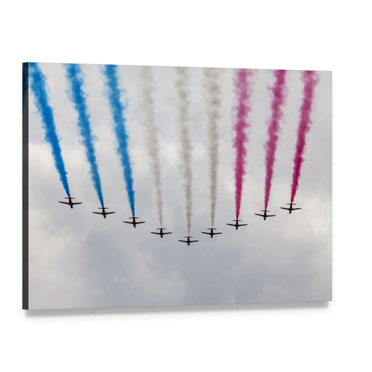 Nine Jets in Red White Blue Formation Canvas Wall Art, single panel gallery wrapped canvas, angled product view