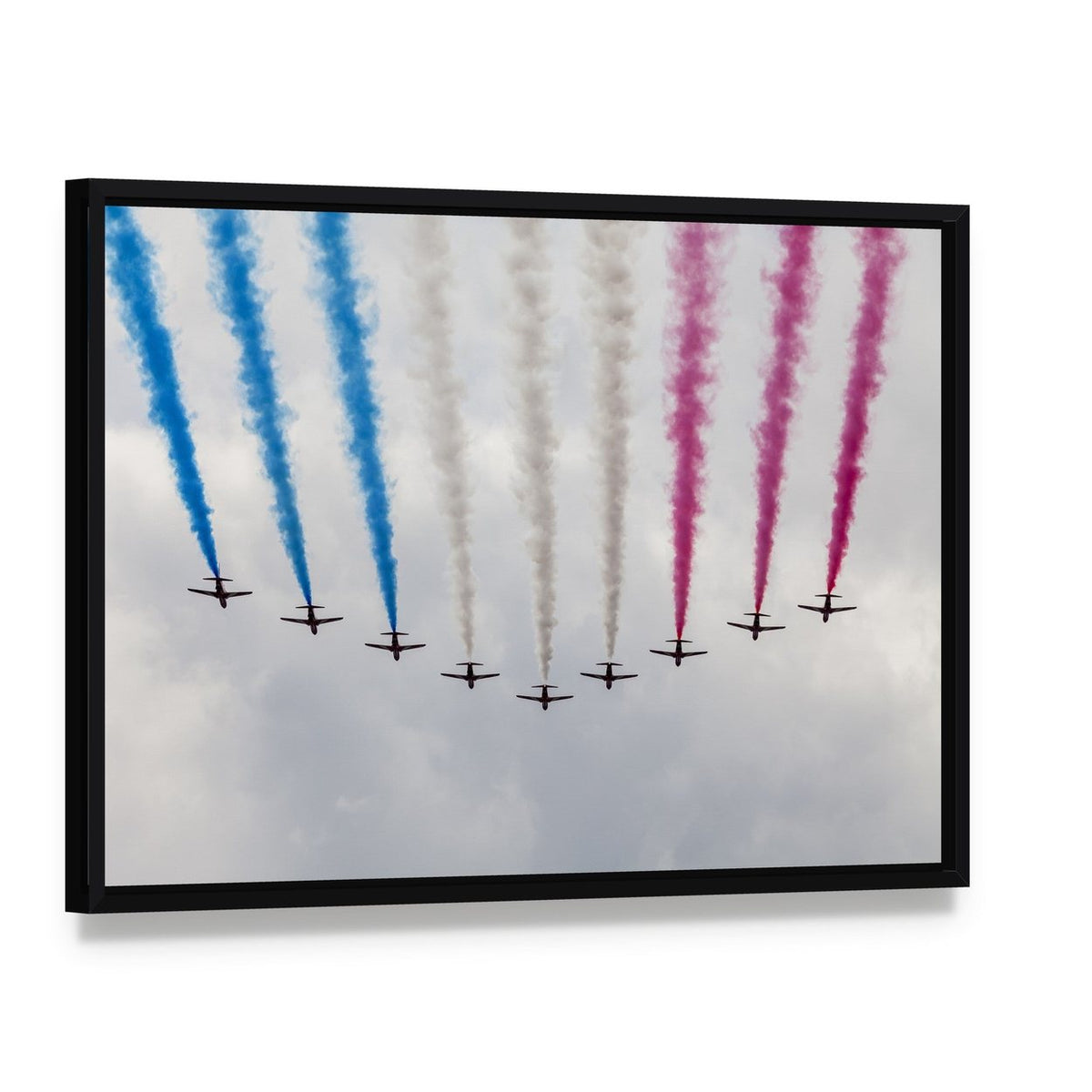 Colorful Air Show Airplanes Canvas Wall Art, framed canvas in a black floater frame, angled product view