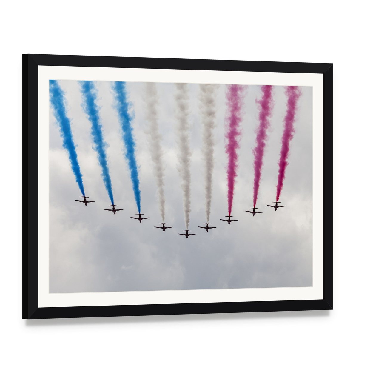 Colorful Air Show Airplanes Canvas Wall Art, framed print with white mat and black frame, angled product view