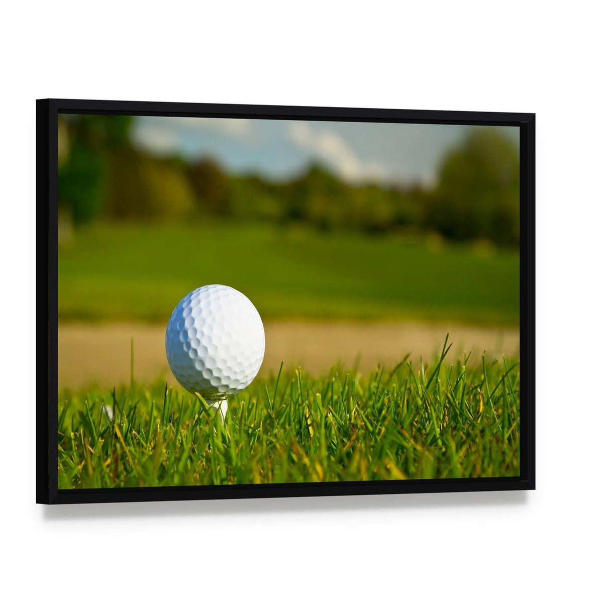 Golf Ball on Beautiful Course Canvas Wall Art, framed canvas in a black floater frame, angled product view