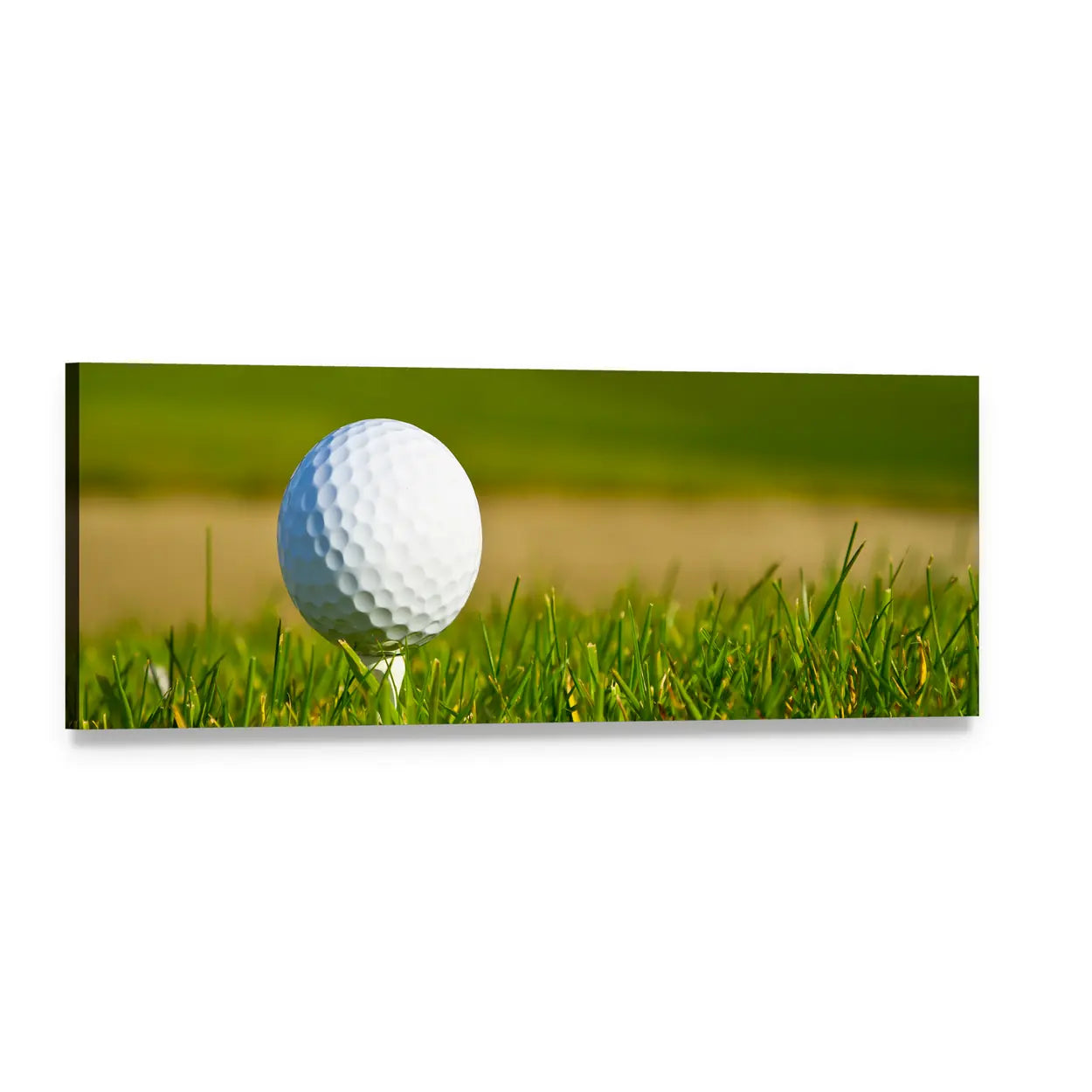 Close-up Golf Ball on Tee Panoramic Canvas Wall Art, single panel gallery wrapped canvas, angled product view