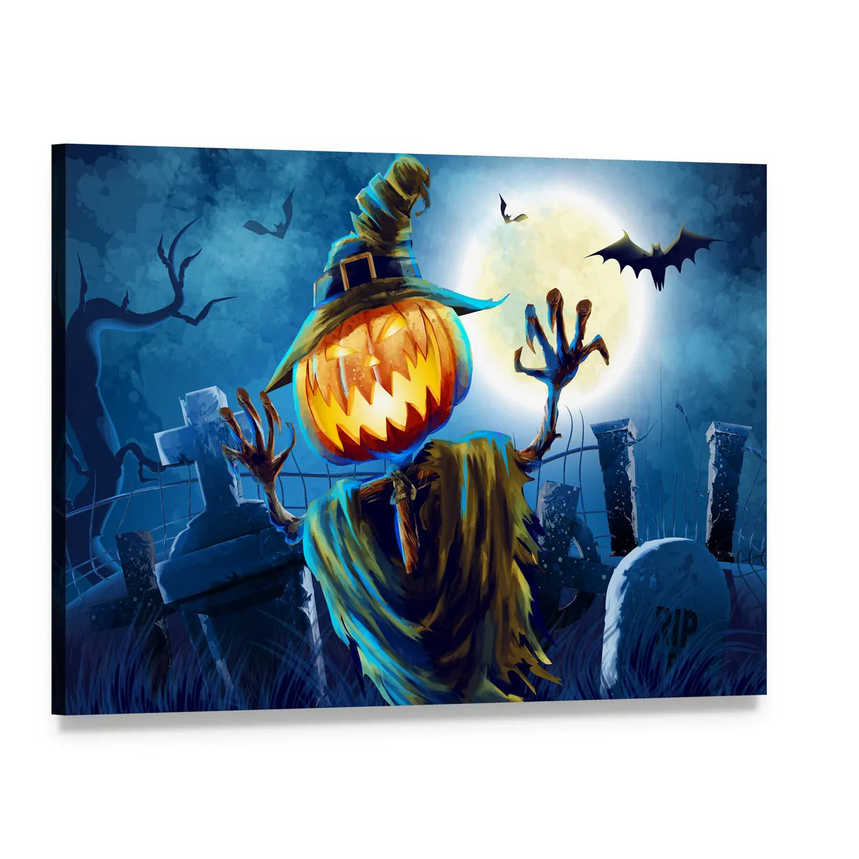 Pumpkin-headed Monster in Graveyard Canvas Wall Art, single panel gallery wrapped canvas, angled product view