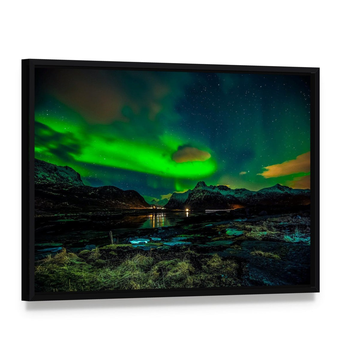 Aurora Borealis Over Mountains Canvas Wall Art, framed canvas in a black floater frame, angled product view