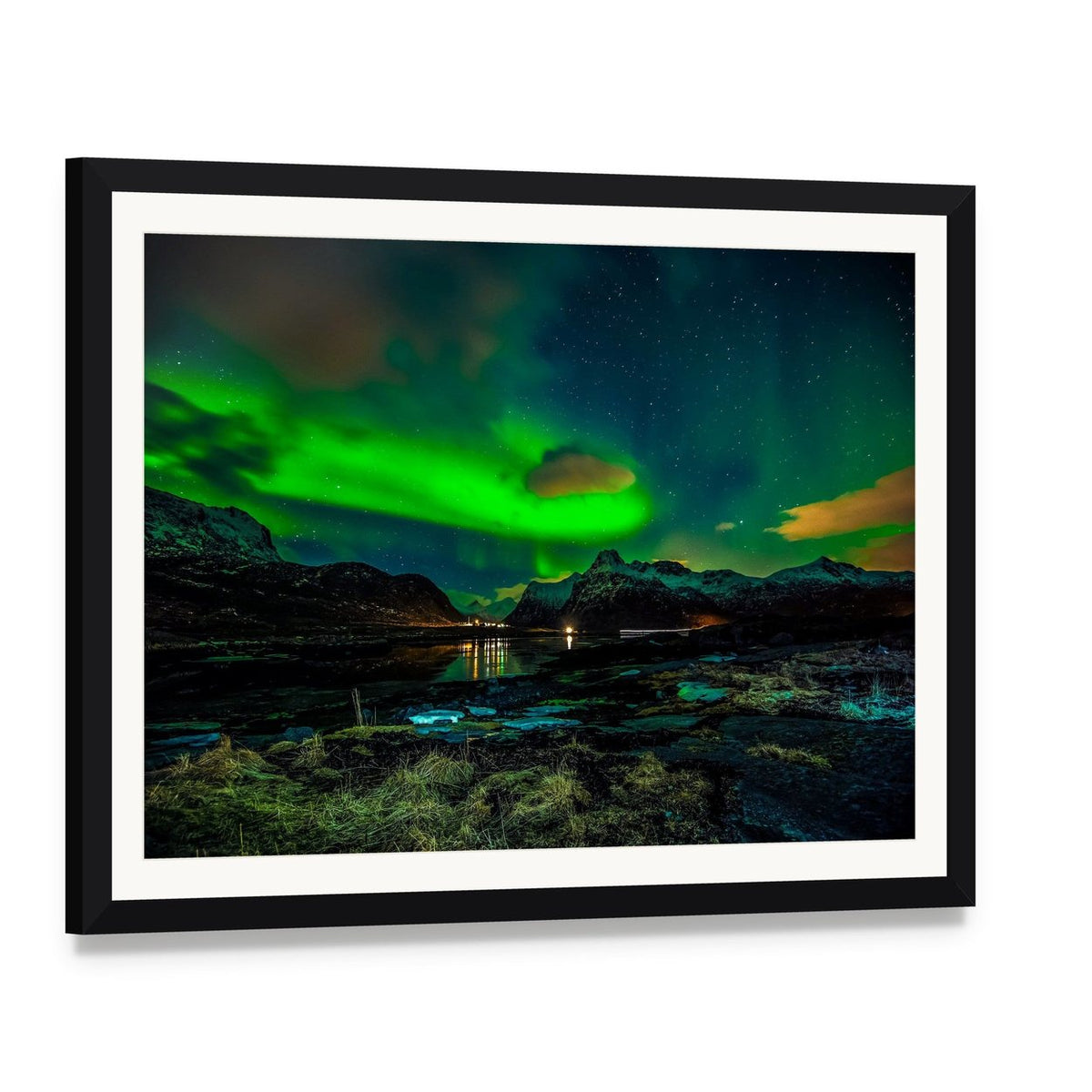 Aurora Borealis Over Mountains Canvas Wall Art, framed print with white mat and black frame, angled product view