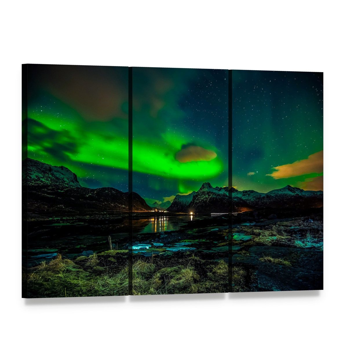 Aurora Borealis Over Mountains Canvas Wall Art, 3 panel 3 Horizontal layout gallery wrapped canvas set, angled product view