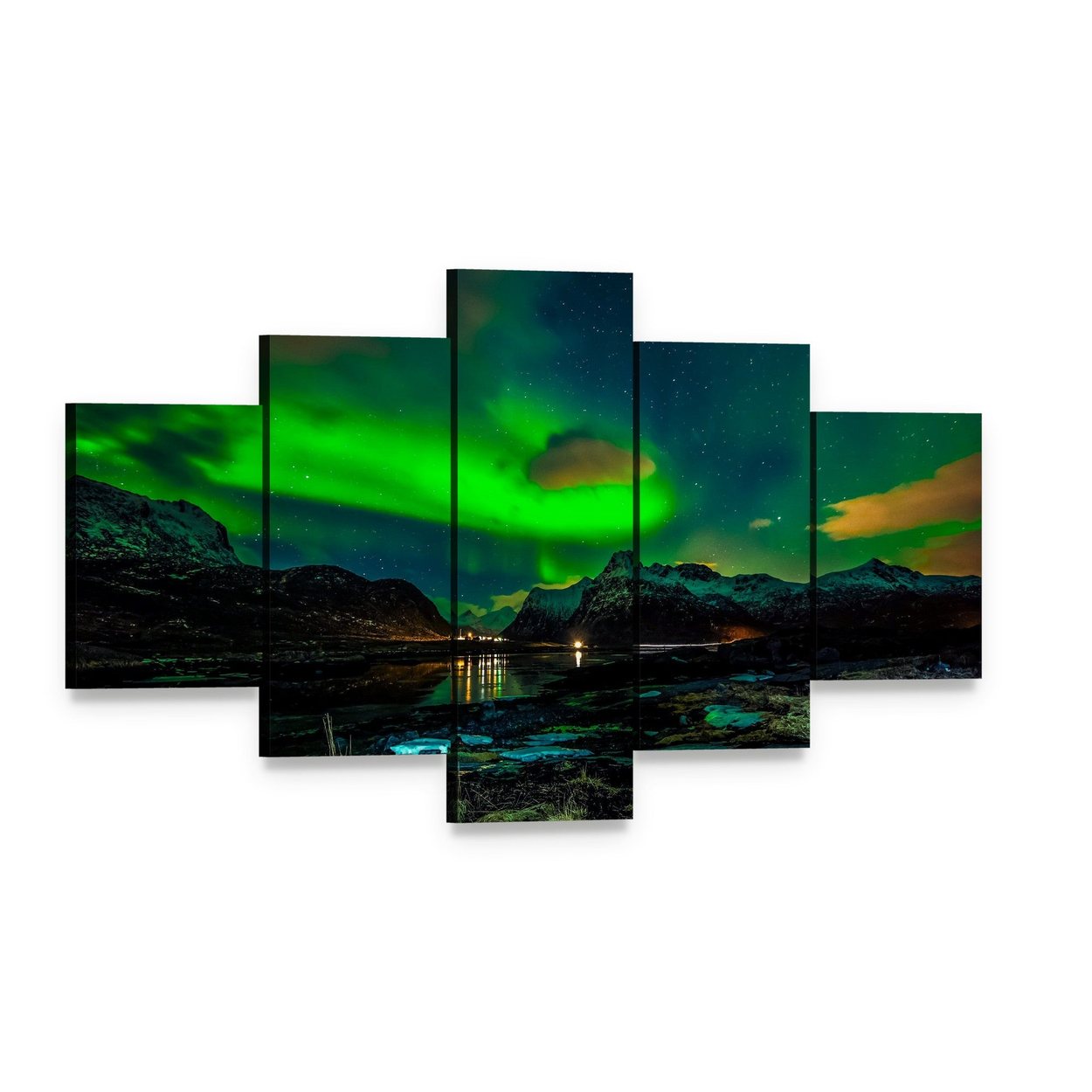 Aurora Borealis Over Mountains Canvas Wall Art, 5 panel 5 Star layout gallery wrapped canvas set, angled product view