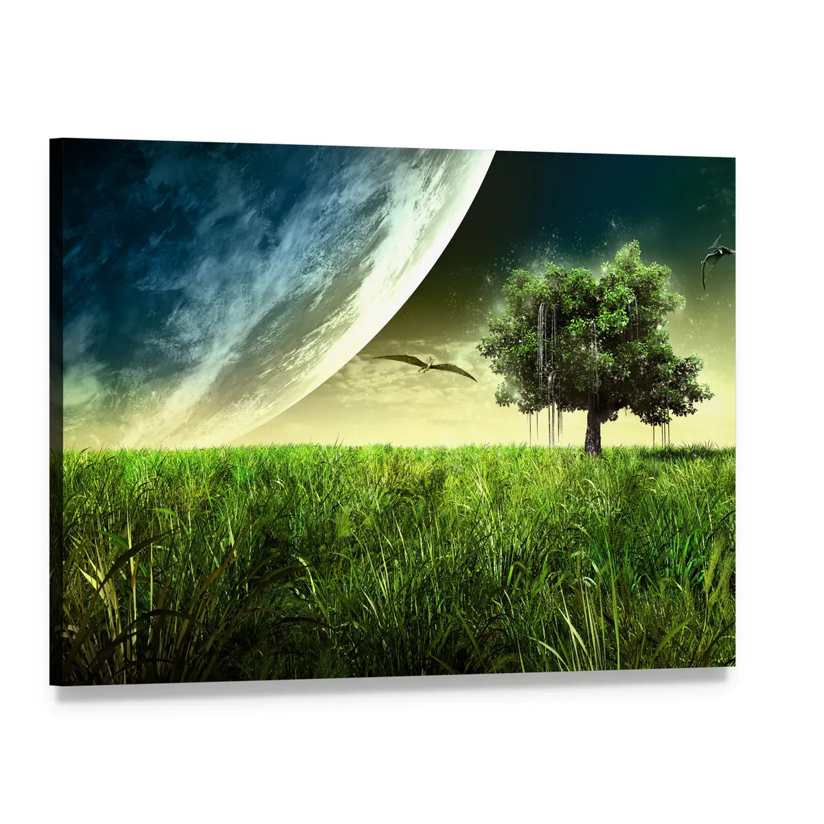 Green Meadow with Pterodactyls Canvas Wall Art, single panel gallery wrapped canvas, angled product view
