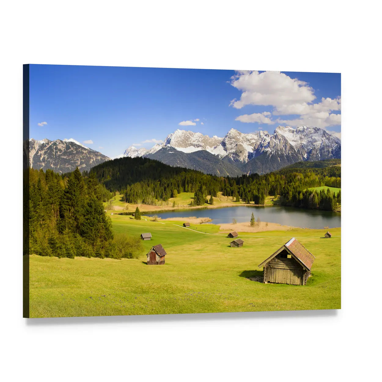 Bavarian Lake with Alpine Meadows Canvas Wall Art, single panel gallery wrapped canvas, angled product view