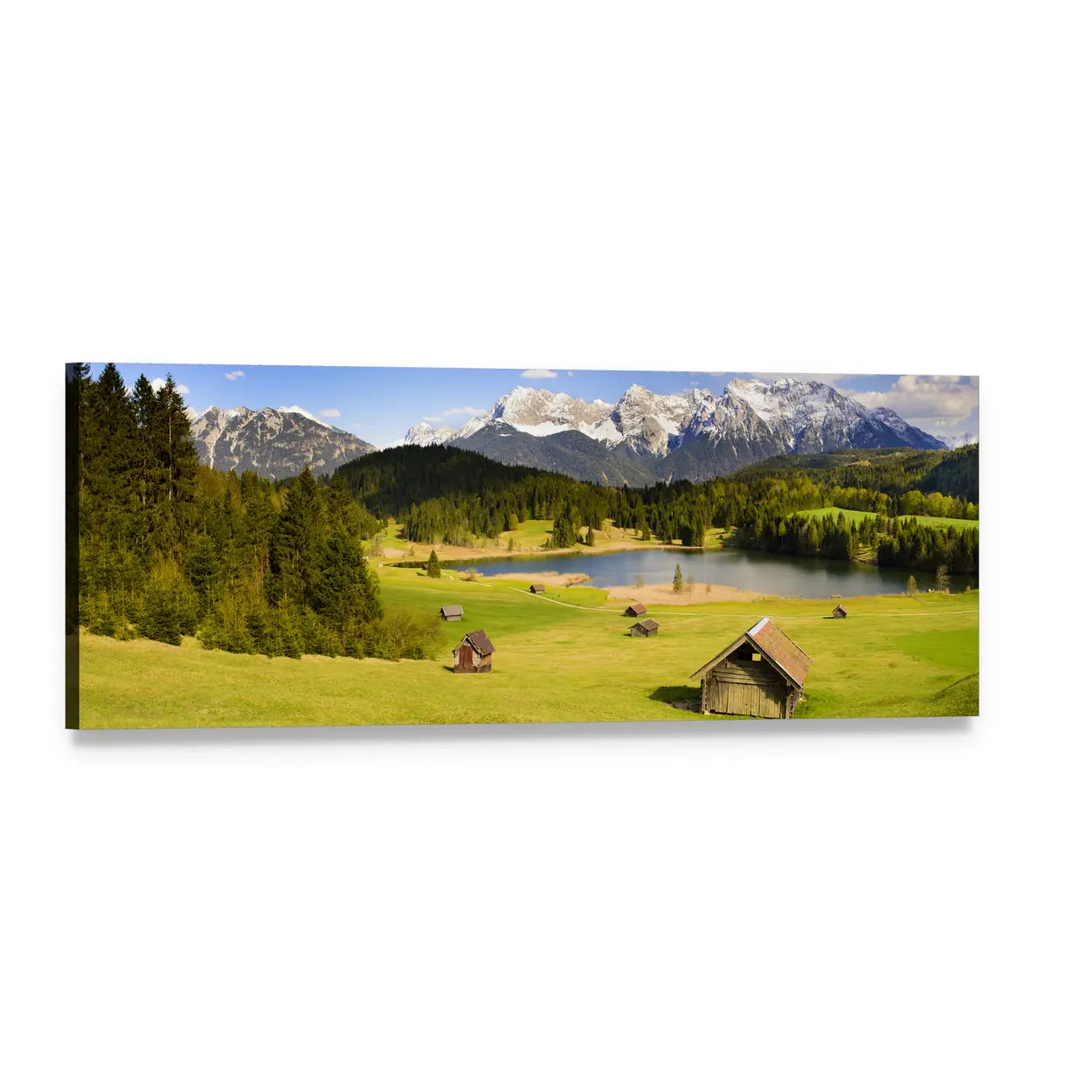 Alpine Lake and Snow-capped Peaks Panoramic Canvas Wall Art, single panel gallery wrapped canvas, angled product view