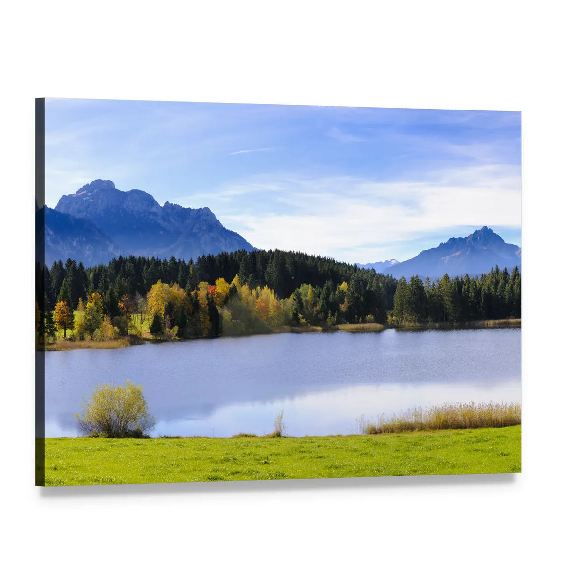 Alpine Lake with Autumn Forest Canvas Wall Art, single panel gallery wrapped canvas, angled product view
