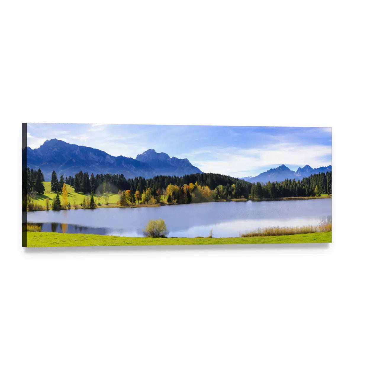 Alpine Lake and Mountains Panoramic Canvas Wall Art, single panel gallery wrapped canvas, angled product view