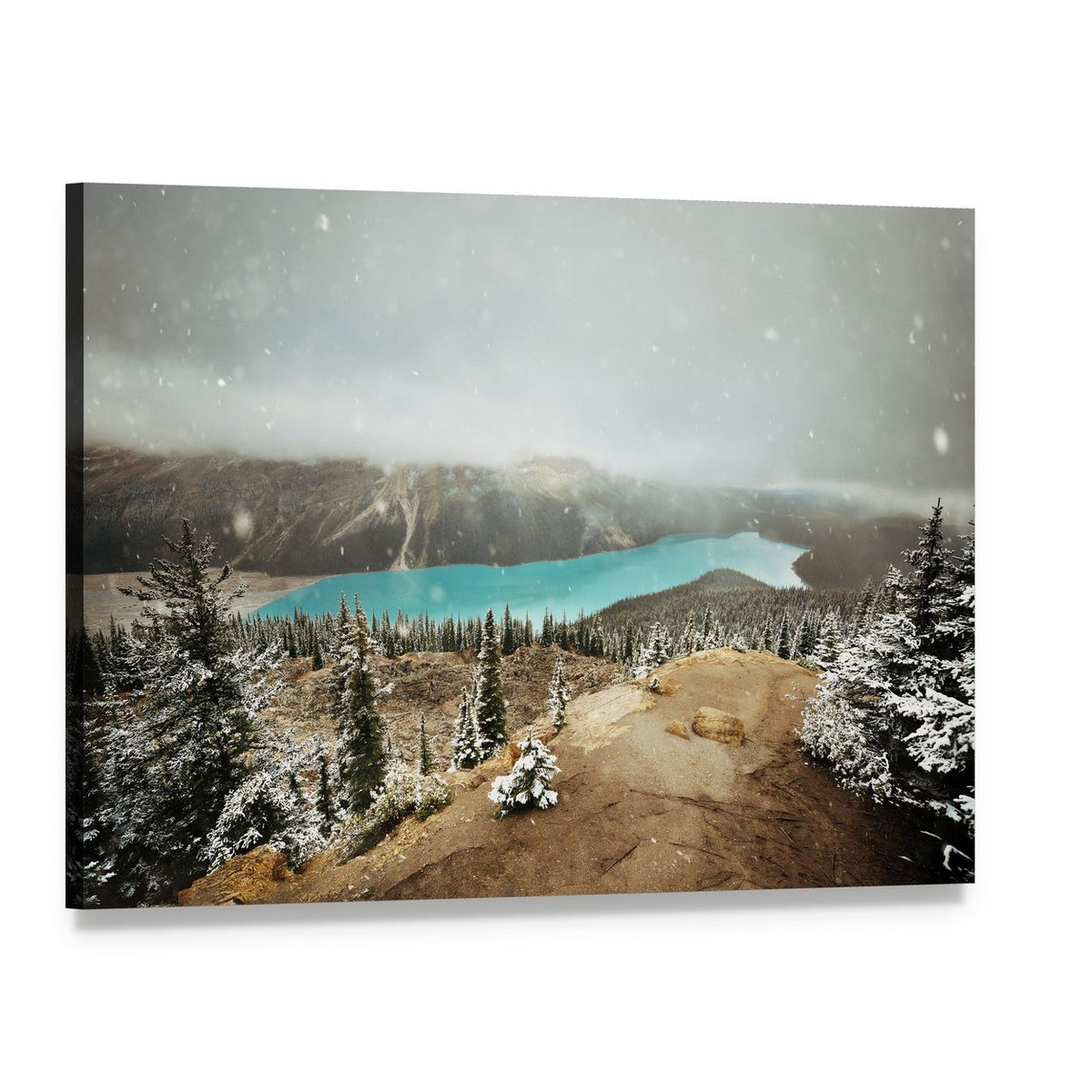 Peyto Lake in Winter with Snow Canvas Wall Art, single panel gallery wrapped canvas, angled product view