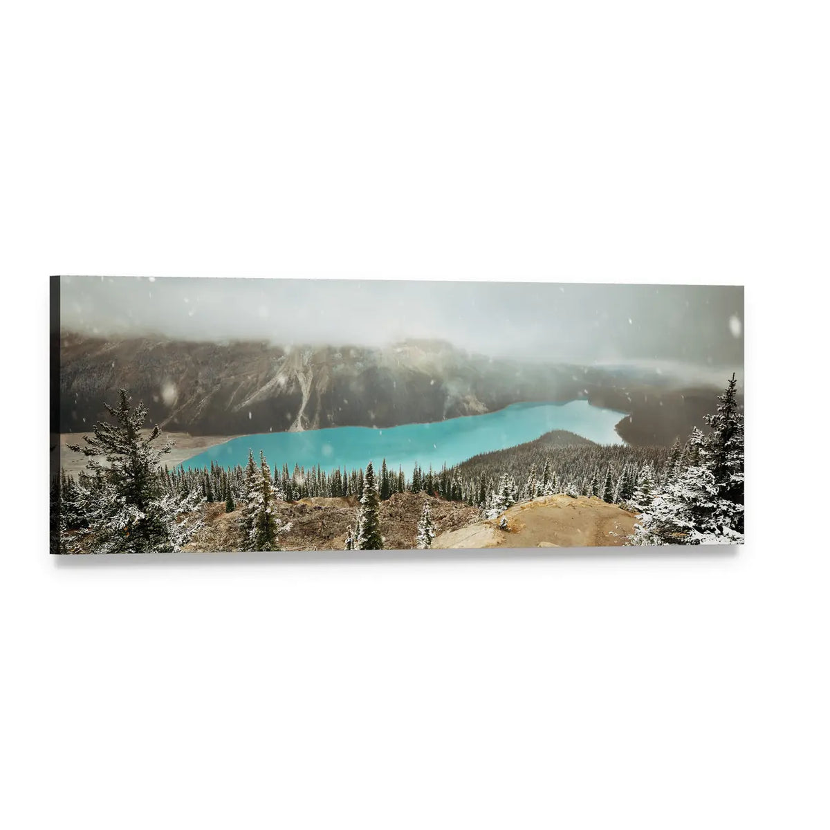 Peyto Lake in Winter Panoramic Canvas Wall Art, single panel gallery wrapped canvas, angled product view