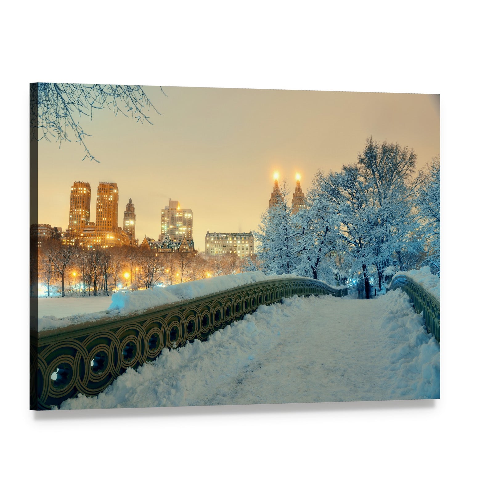 Bow Bridge in Winter Evening Canvas Wall Art, single panel gallery wrapped canvas, angled product view