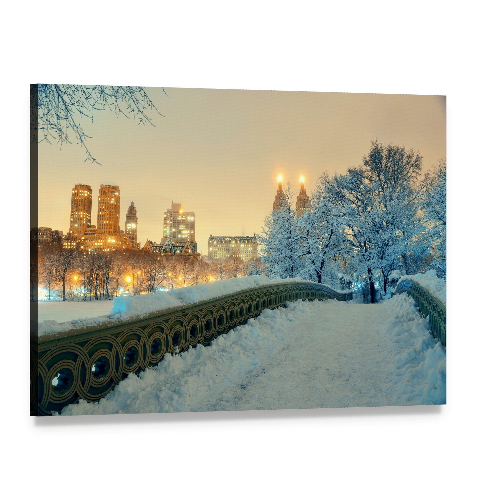 Bow Bridge in Winter Evening Canvas Wall Art, single panel gallery wrapped canvas, angled product view