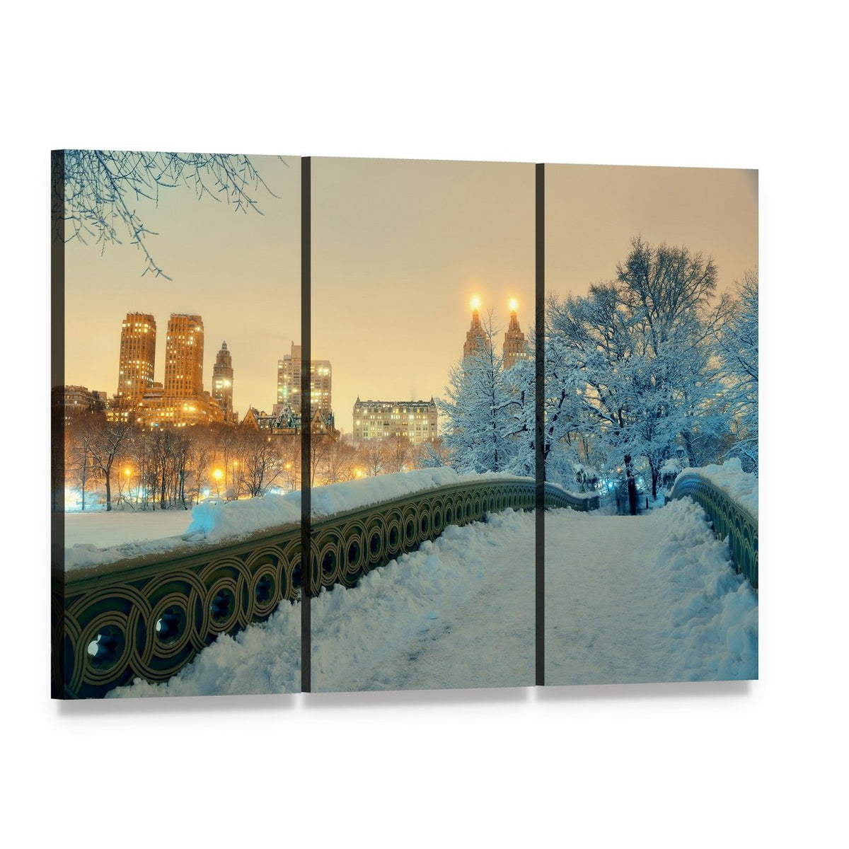 Bow Bridge in Winter Evening Canvas Wall Art, 3 panel 3 Horizontal layout gallery wrapped canvas set, angled product view