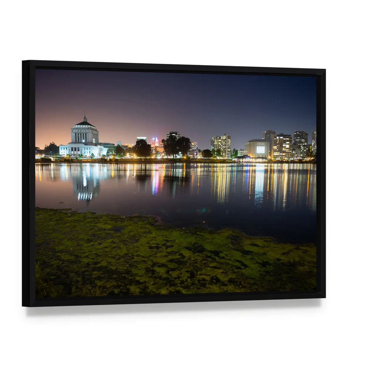 Merritt Lake Nighttime Skyline Reflection Canvas Wall Art, framed canvas in a black floater frame, angled product view