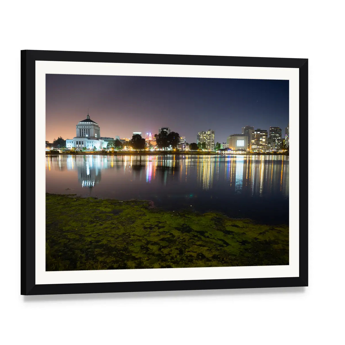 Merritt Lake Nighttime Skyline Reflection Canvas Wall Art, framed print with white mat and black frame, angled product view