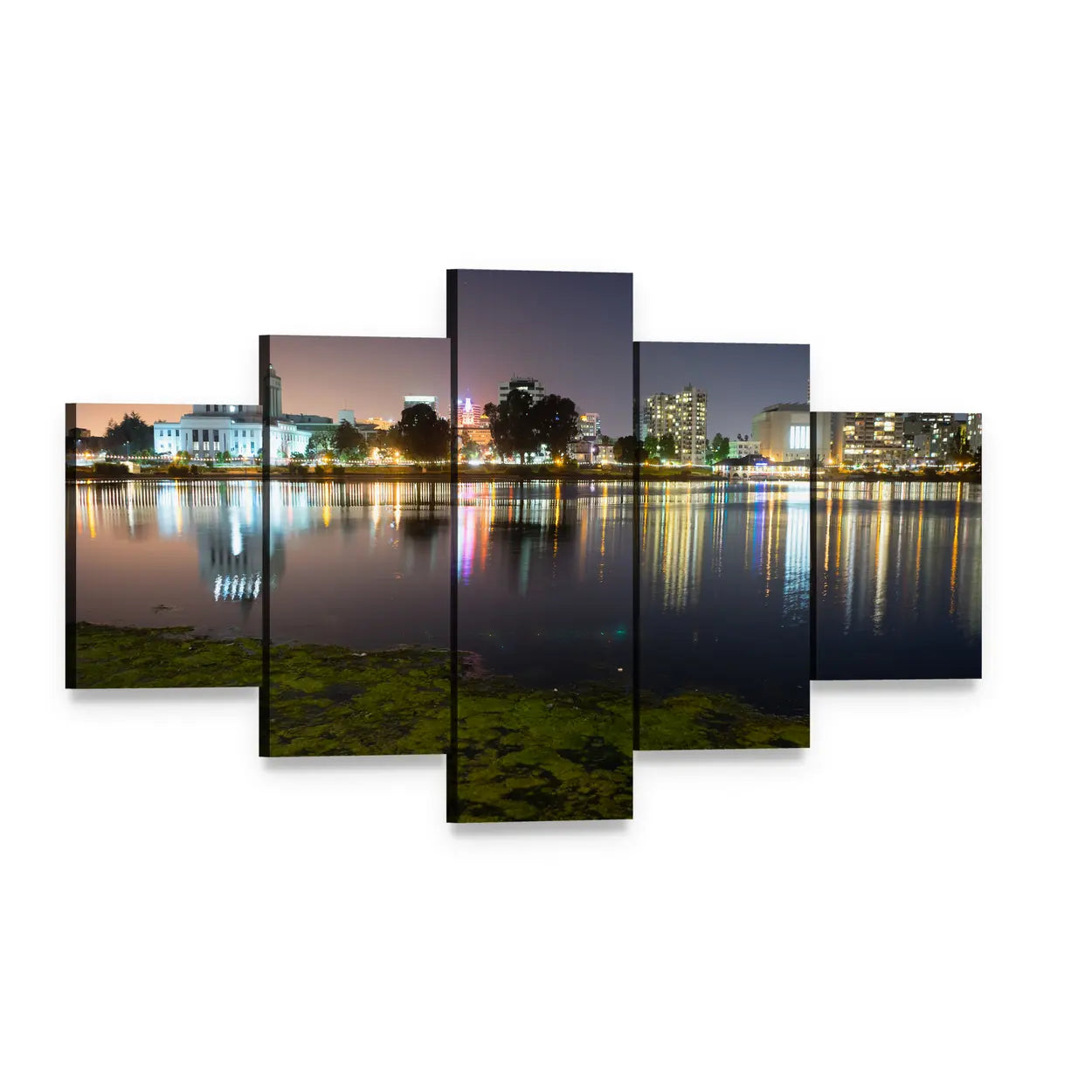 Merritt Lake Nighttime Skyline Reflection Canvas Wall Art, 5 panel 5 Star layout gallery wrapped canvas set, angled product view