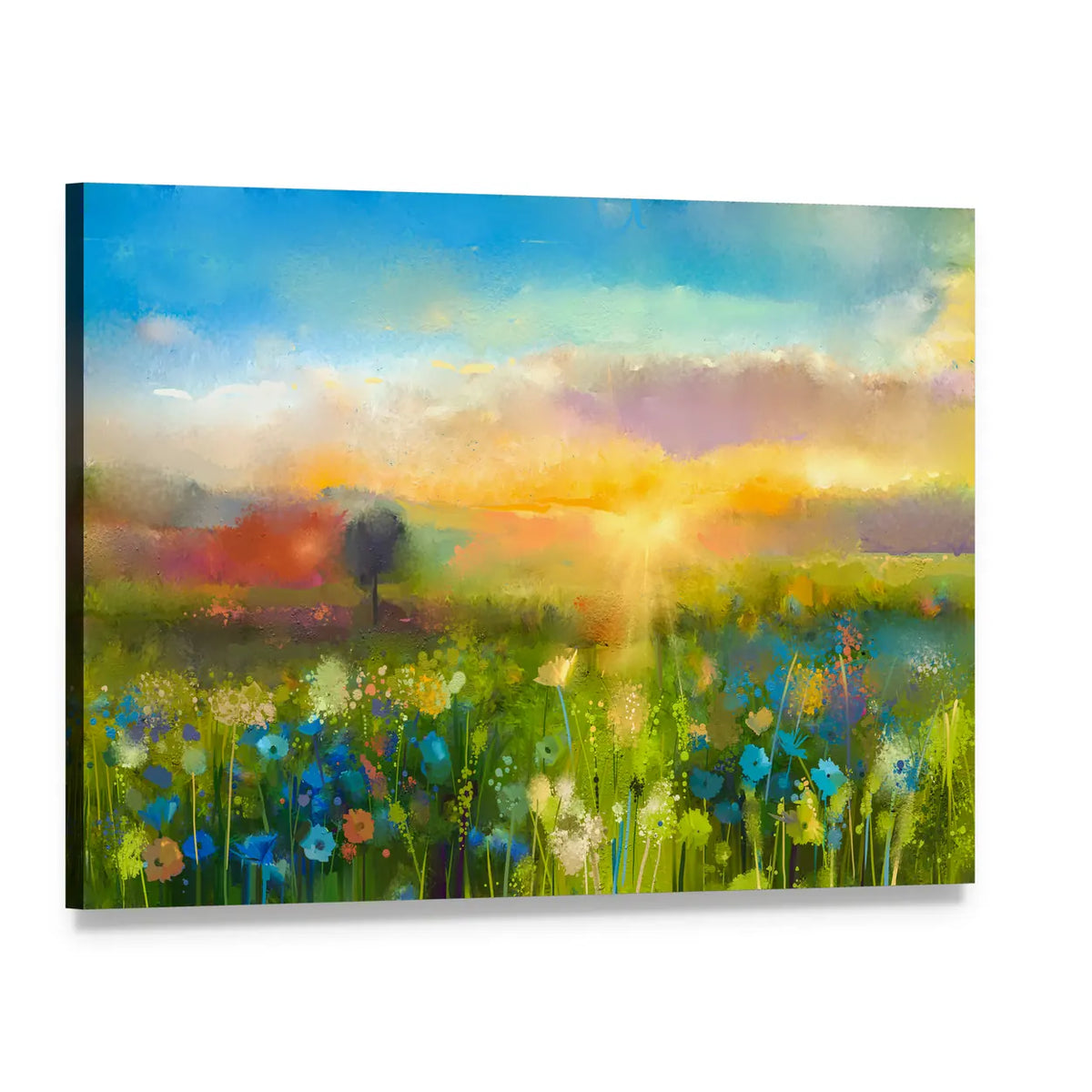 Sunset Over Wildflower Meadow Canvas Wall Art, single panel gallery wrapped canvas, angled product view