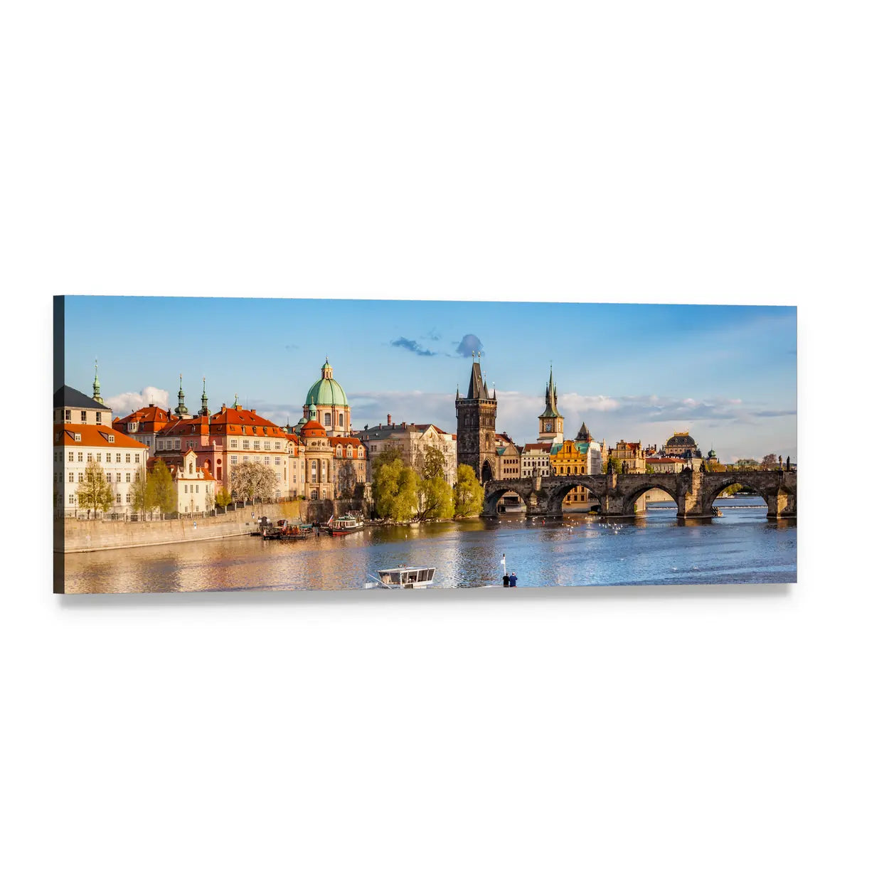 Charles Bridge Over the Vltava River Panoramic Canvas Wall Art, single panel gallery wrapped canvas, angled product view