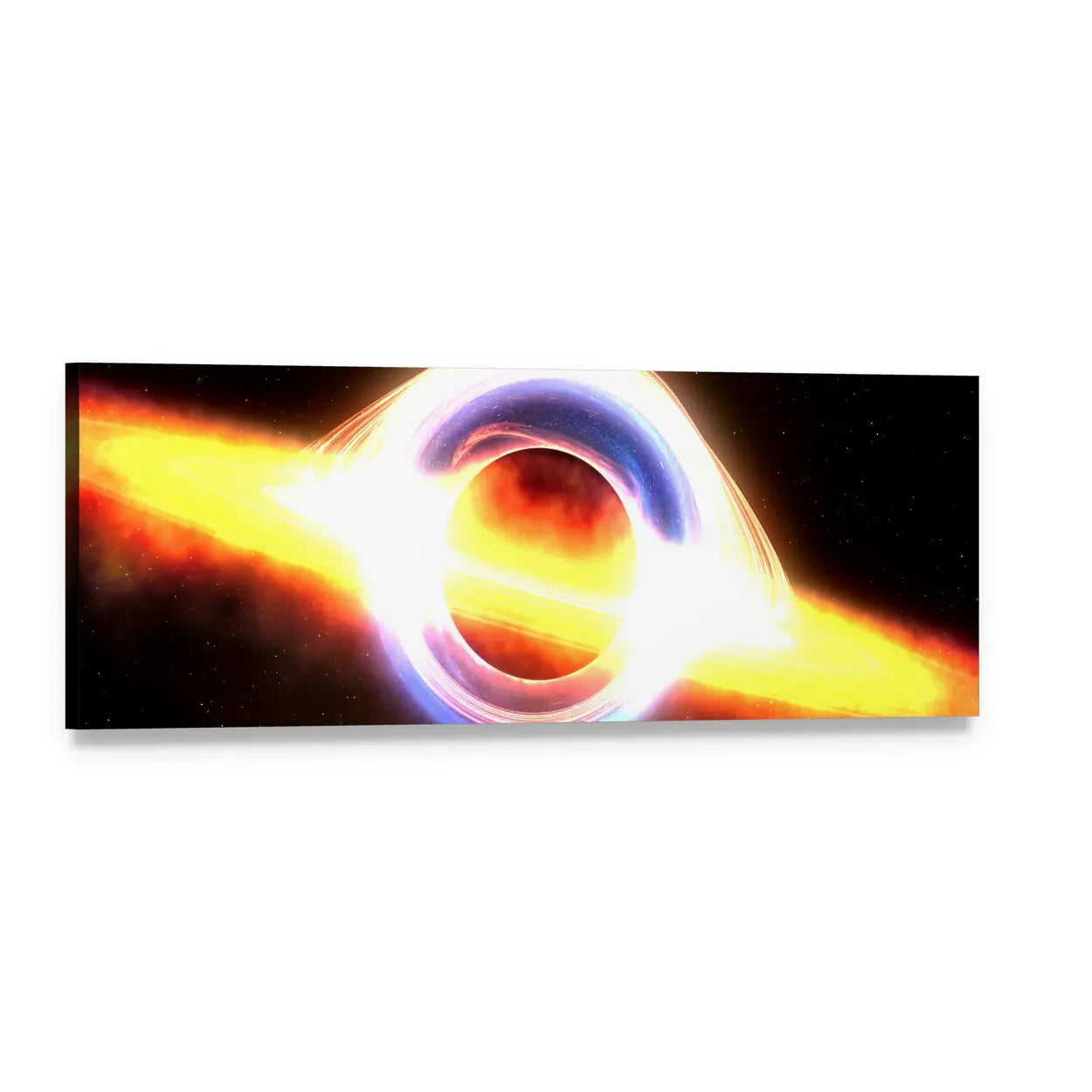 Black Hole with Glowing Accretion Disk Panoramic Canvas Wall Art, single panel gallery wrapped canvas, angled product view