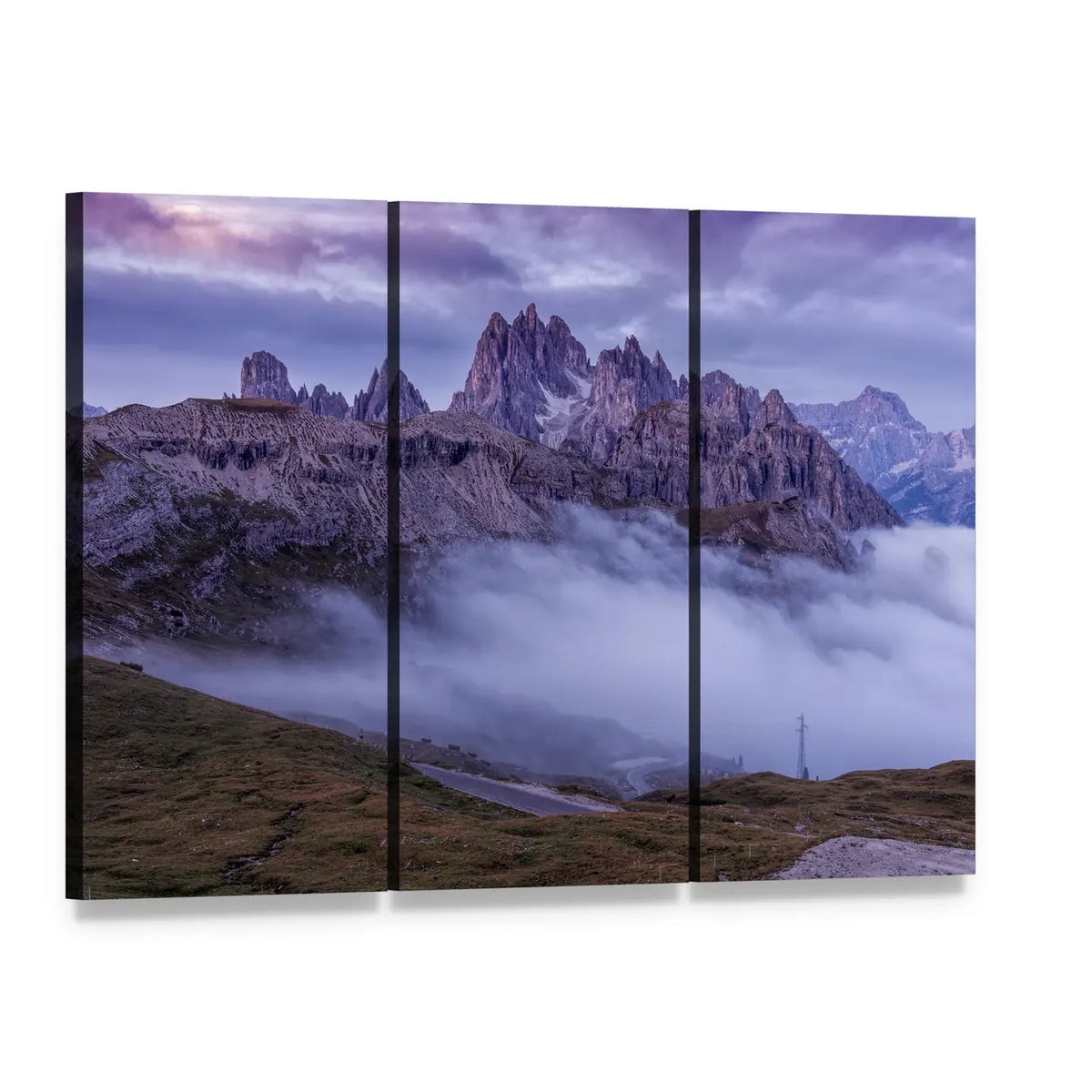 Sunrise Over the Dolomites Canvas Wall Art, 3 panel 3 Horizontal layout gallery wrapped canvas set, angled product view