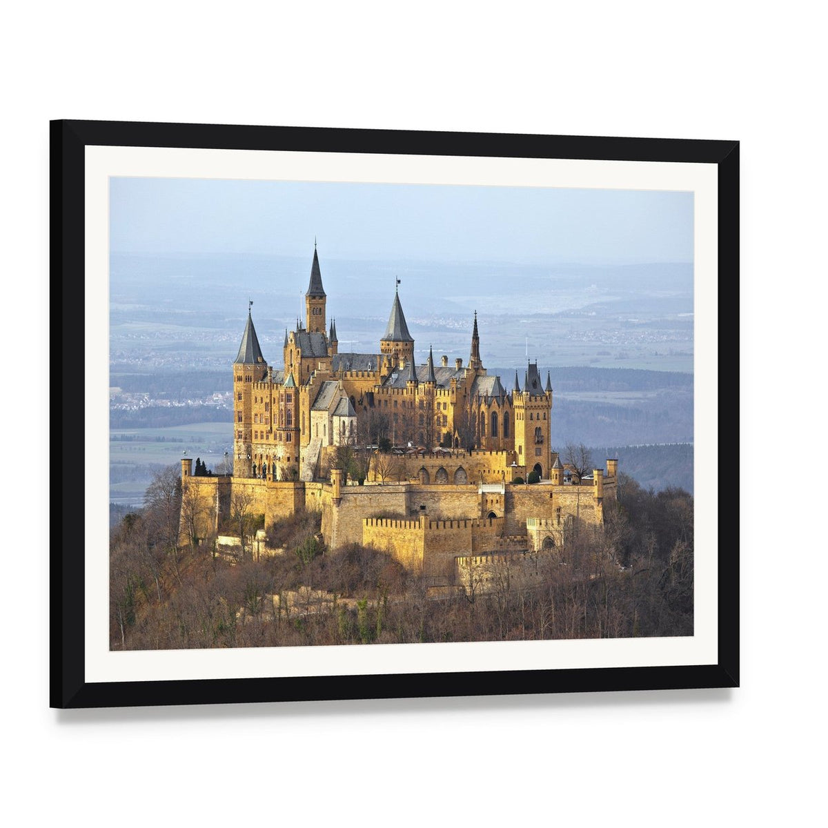 Hohenzollern Castle Canvas Wall Art, framed print with white mat and black frame, angled product view