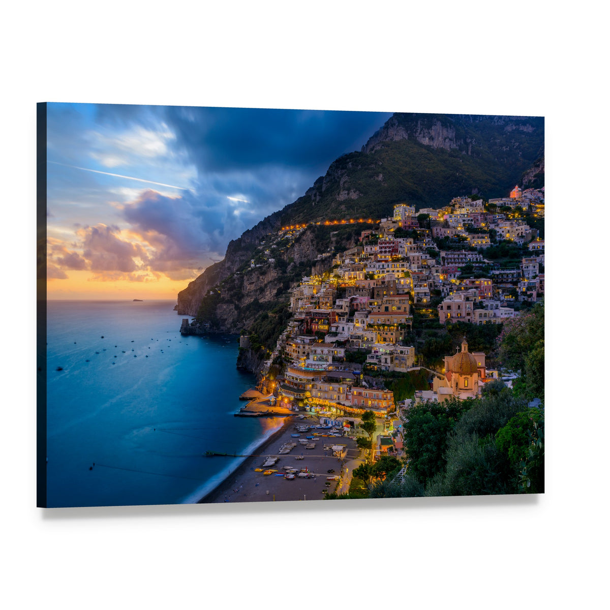 Sunset Over Positano, Amalfi Coast Canvas Wall Art, single panel gallery wrapped canvas, angled product view