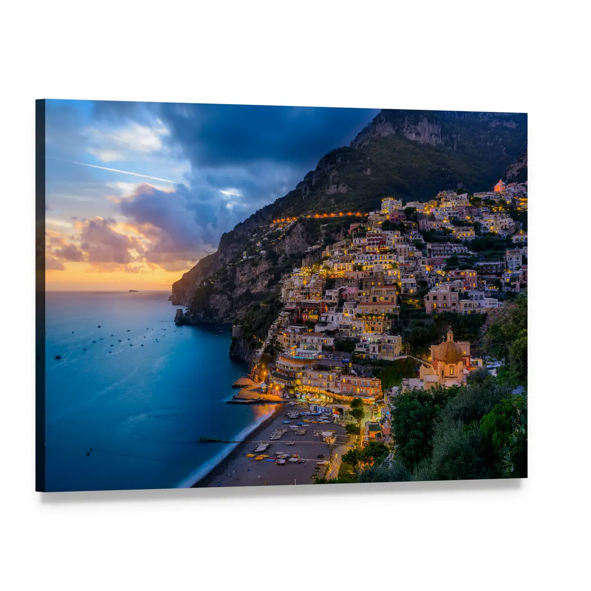Sunset Over Positano, Amalfi Coast Canvas Wall Art, single panel gallery wrapped canvas, angled product view