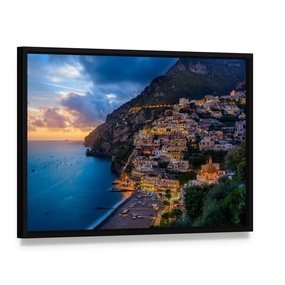 Sunset Over Positano, Amalfi Coast Canvas Wall Art, framed canvas in a black floater frame, angled product view
