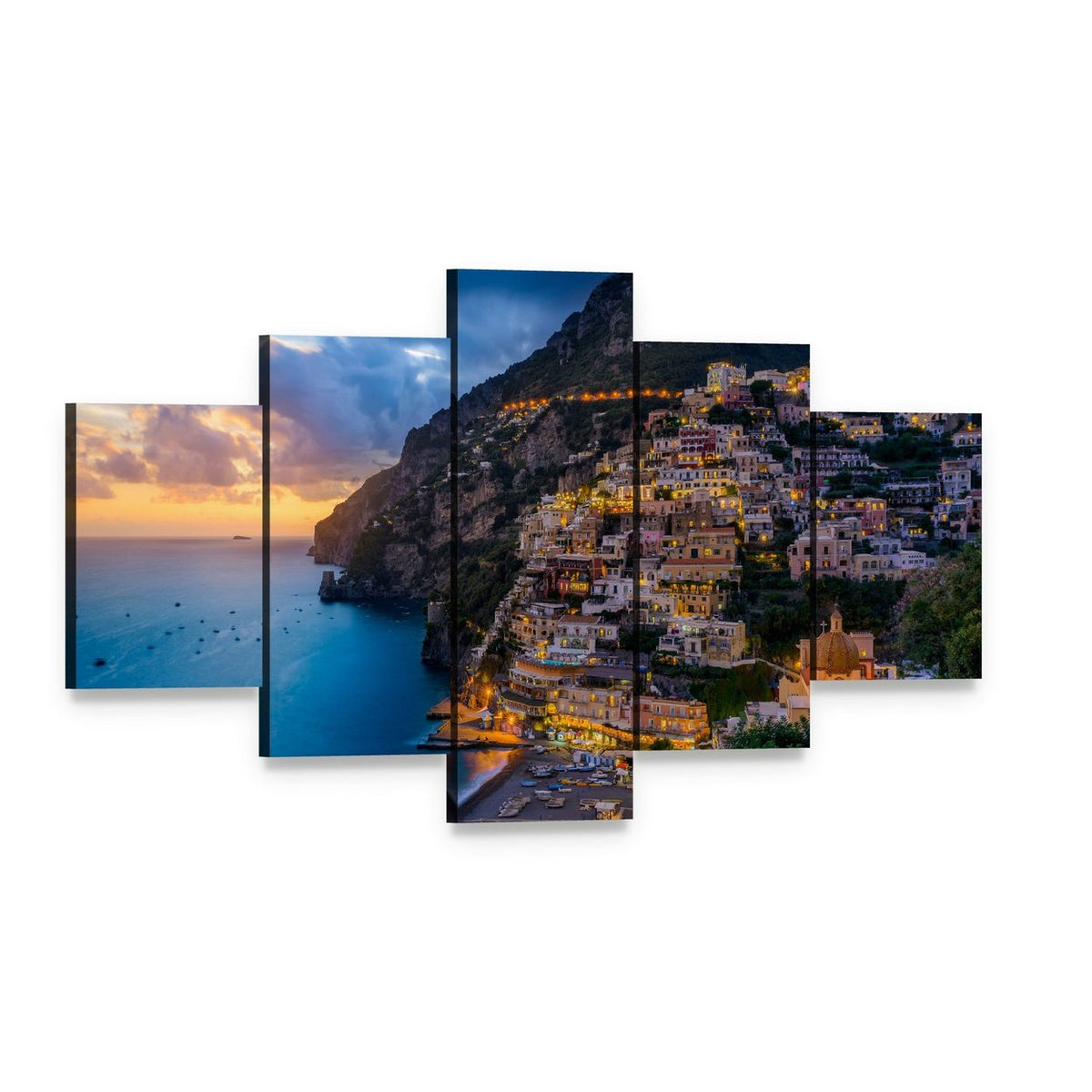Sunset Over Positano, Amalfi Coast Canvas Wall Art, 5 panel 5 Star layout gallery wrapped canvas set, angled product view